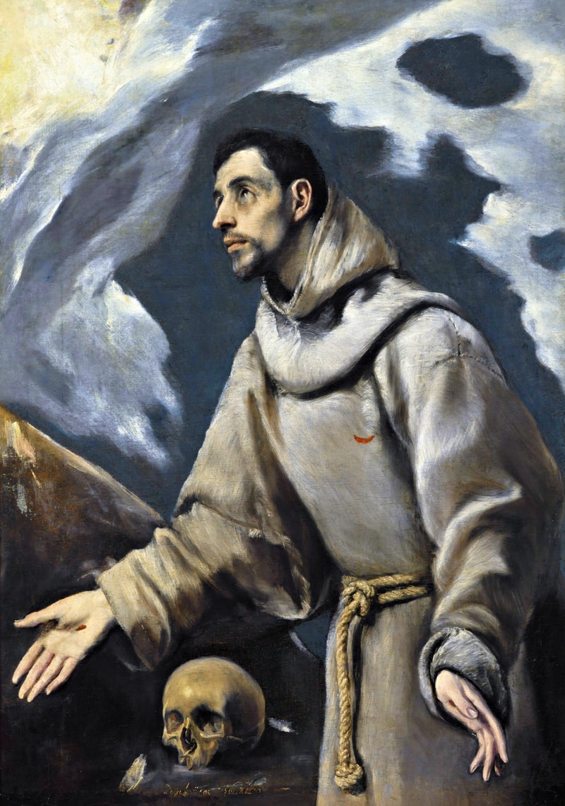 Ecstasy of Saint Francis by El Greco: a monk in a grey habit with arms open, gazing up at a light, a skull under his hand