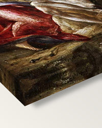Lamentation by El Greco on stretched canvas, corner close-up: the painting mirror-wrapped round the sides