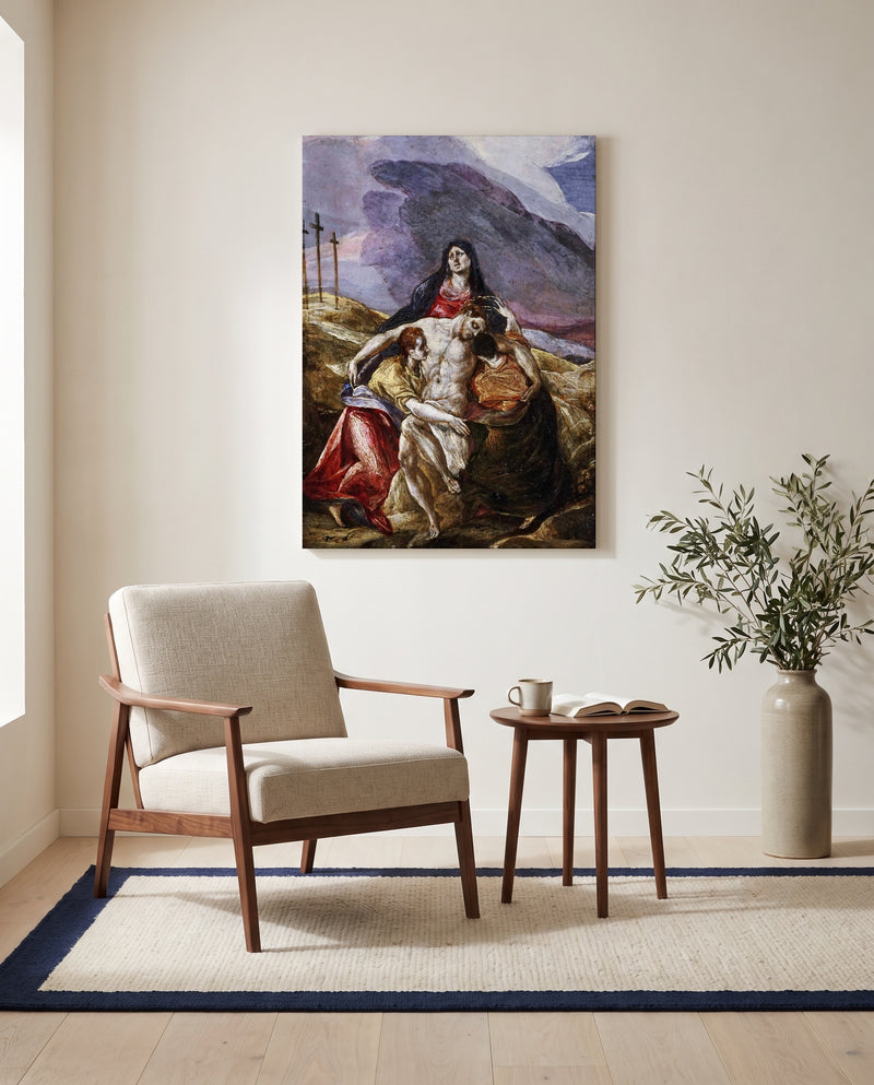 Lamentation by El Greco as a stretched canvas above a linen lounge chair in a reading corner