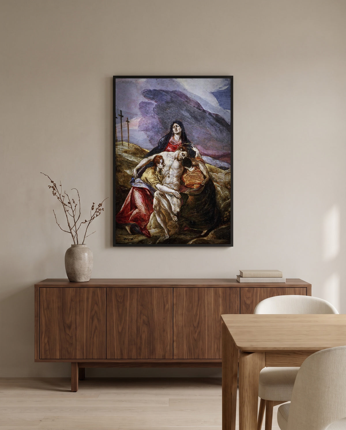 Lamentation by El Greco in a black frame above a walnut sideboard in a dining room