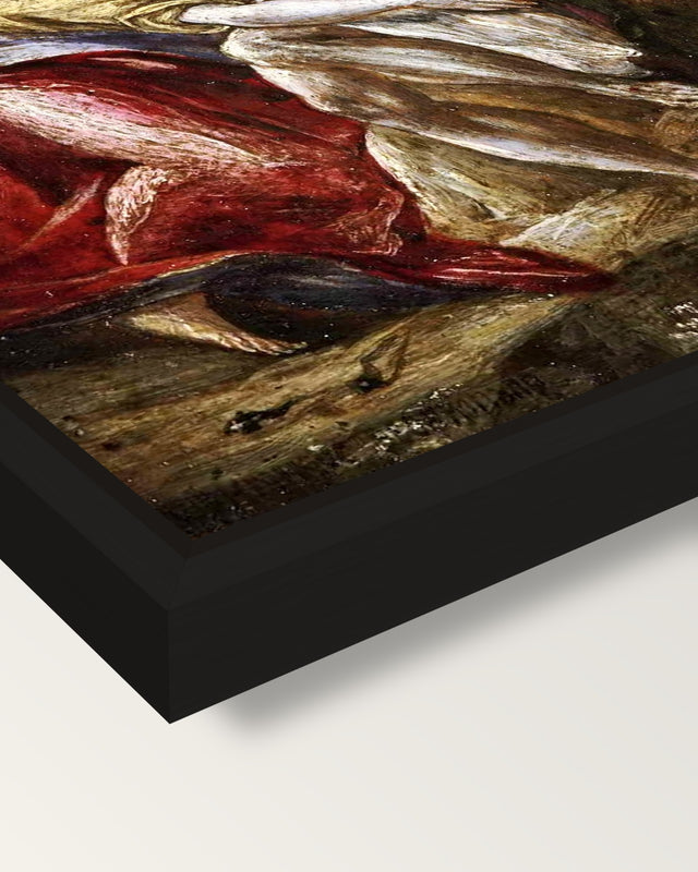 Lamentation by El Greco framed canvas, corner close-up: a black floating frame with a shadow gap round the canvas