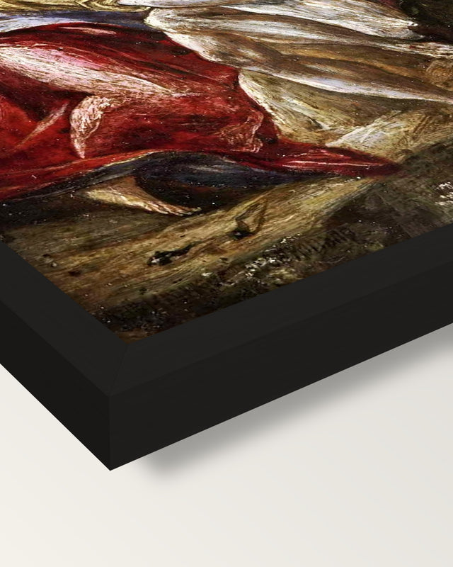 Lamentation by El Greco framed print, corner close-up: black moulding, mitred, the print set just below its edge