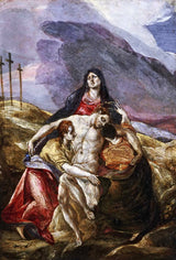 Lamentation by El Greco: the Virgin in red and blue holds the dead Christ, three crosses on a hill under a violet sky