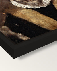 Portrait of an Old Man by El Greco framed canvas, corner close-up: a black floating frame with a shadow gap round the canvas