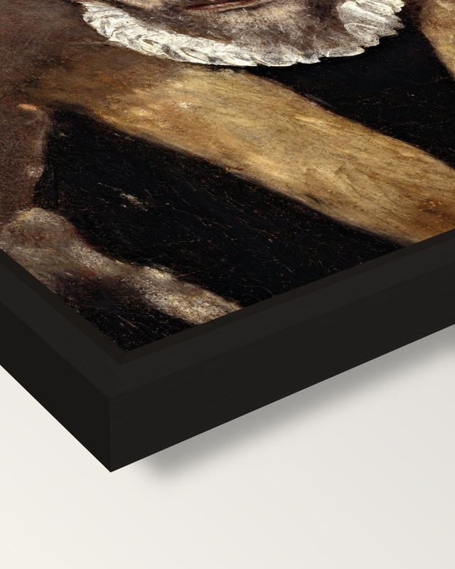 Portrait of an Old Man by El Greco framed canvas, corner close-up: a black floating frame with a shadow gap round the canvas