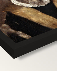 Portrait of an Old Man by El Greco framed print, corner close-up: black moulding, mitred, the print set just below its edge