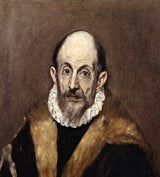 Portrait of an Old Man by El Greco: a bald, bearded old man with deep-set eyes, white ruff and fur collar, brown background