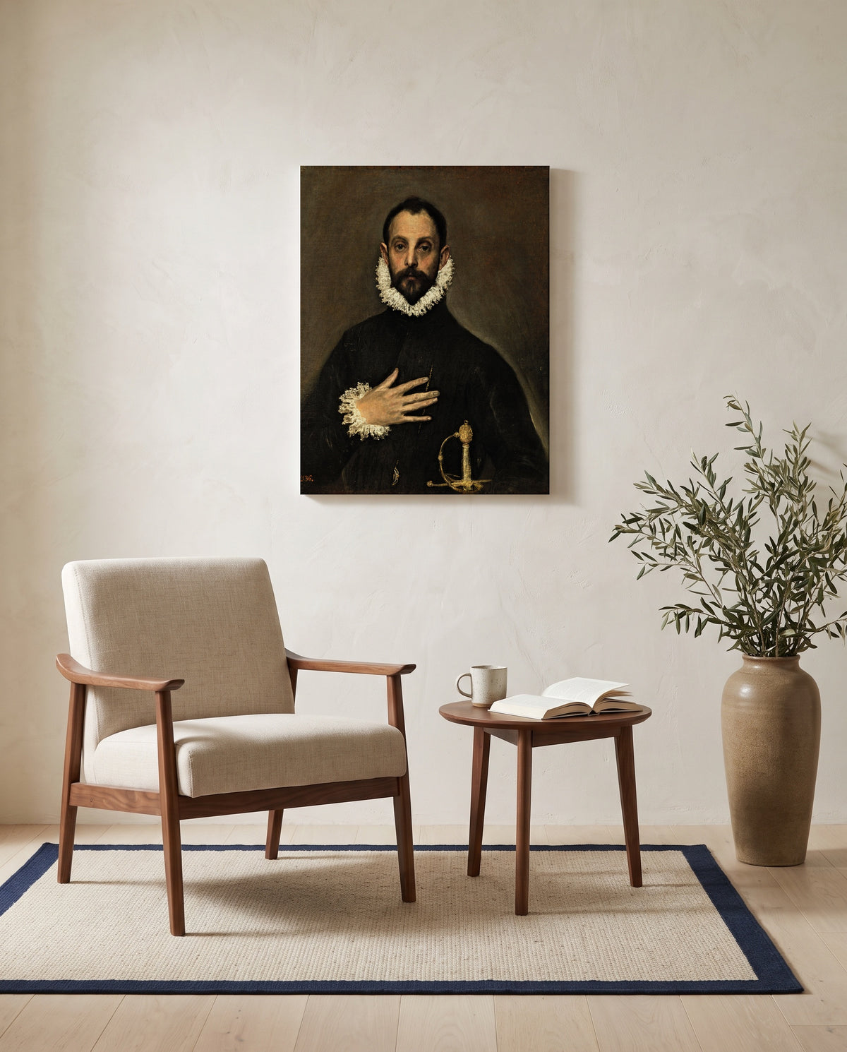 Nobleman, Hand on Chest by El Greco as a stretched canvas above a linen lounge chair in a reading corner