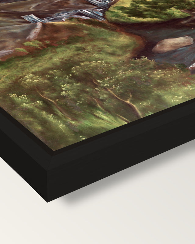 View of Toledo by El Greco framed canvas, corner close-up: a black floating frame with a shadow gap round the canvas