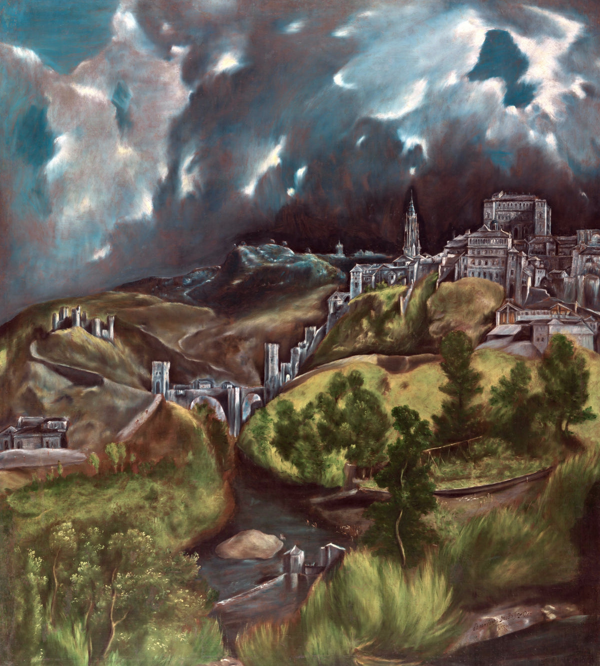 View of Toledo by El Greco: a grey hilltop city under a dark, stormy sky, green hills and a river below