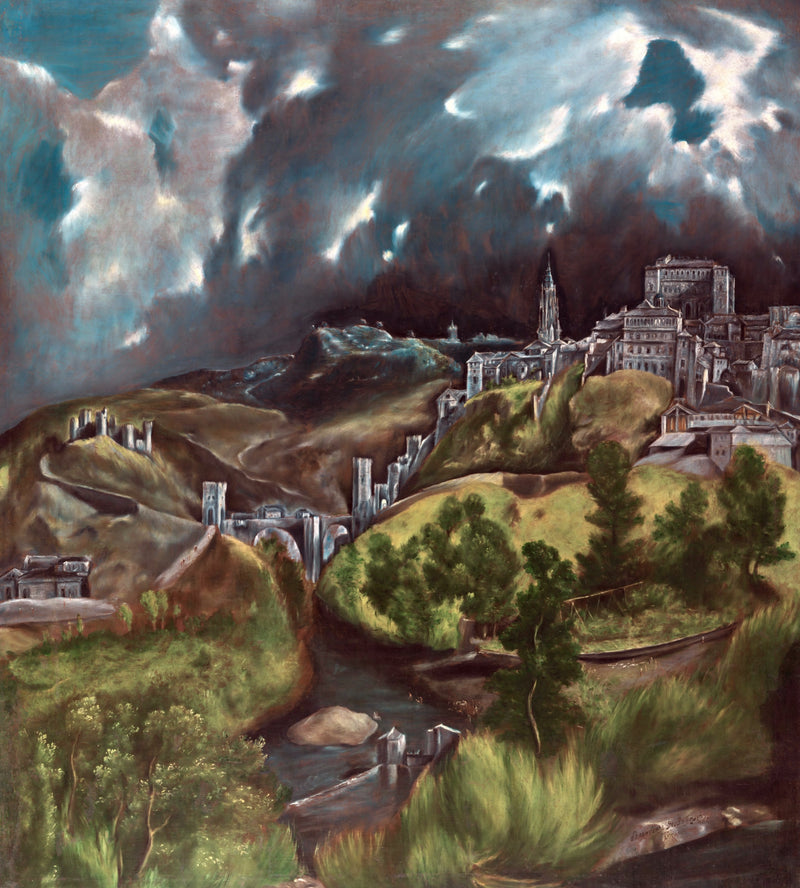 View of Toledo by El Greco: a grey hilltop city under a dark, stormy sky, green hills and a river below