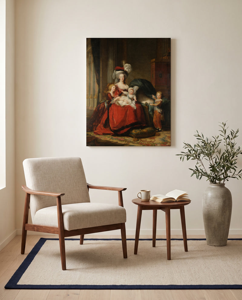 Marie Antoinette and Children by Élisabeth Vigée Le Brun as a stretched canvas above a linen lounge chair in a reading corner