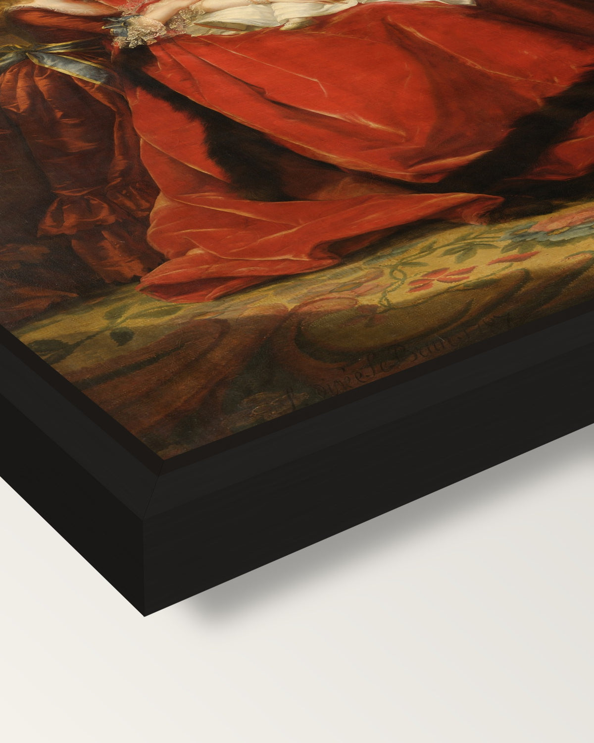 Marie Antoinette and Children framed canvas, corner close-up: a black floating frame with a shadow gap round the canvas