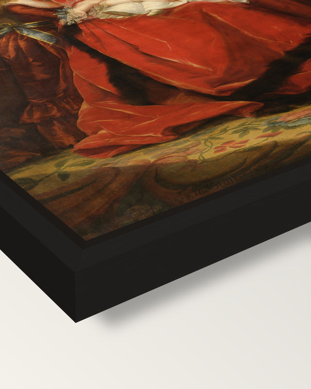 Marie Antoinette and Children framed canvas, corner close-up: a black floating frame with a shadow gap round the canvas