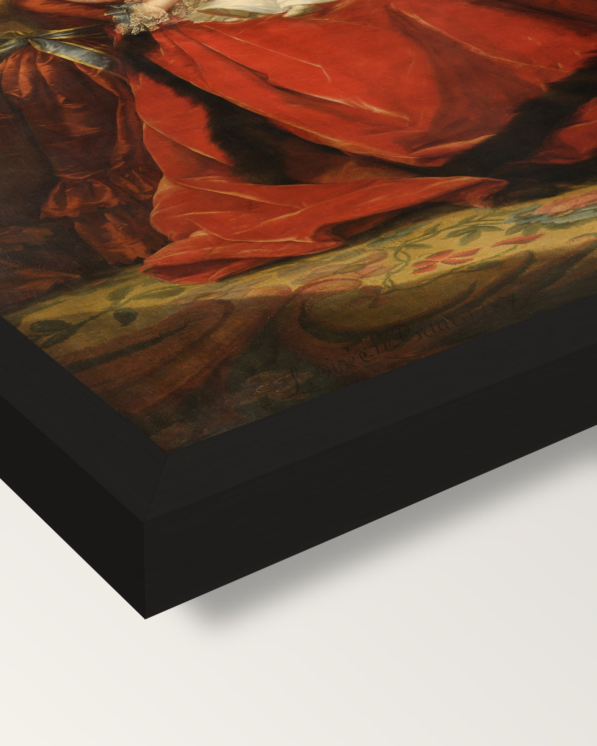 Marie Antoinette and Children framed print, corner close-up: black moulding, mitred, the print set just below its edge