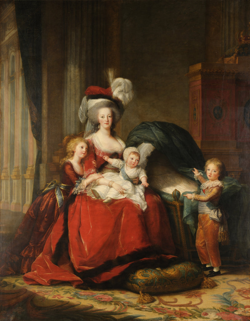 Marie Antoinette and Her Children by Vigée Le Brun: the queen in red velvet with three children beside an empty cradle