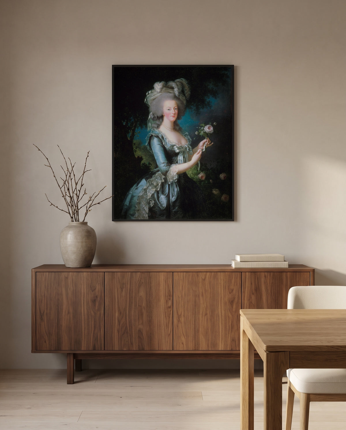 Marie Antoinette with a Rose by Élisabeth Vigée Le Brun in a black frame above a walnut sideboard in a dining room