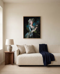Marie Antoinette with a Rose by Élisabeth Vigée Le Brun framed in natural oak above a cream sofa in a warm living room