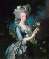 Marie Antoinette with a Rose by Vigée Le Brun: the queen in a blue-grey silk dress and pearls holding a pink rose