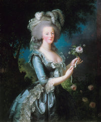 Marie Antoinette with a Rose by Vigée Le Brun: the queen in a blue-grey silk dress and pearls holding a pink rose