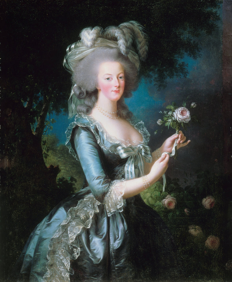 Marie Antoinette with a Rose by Vigée Le Brun: the queen in a blue-grey silk dress and pearls holding a pink rose