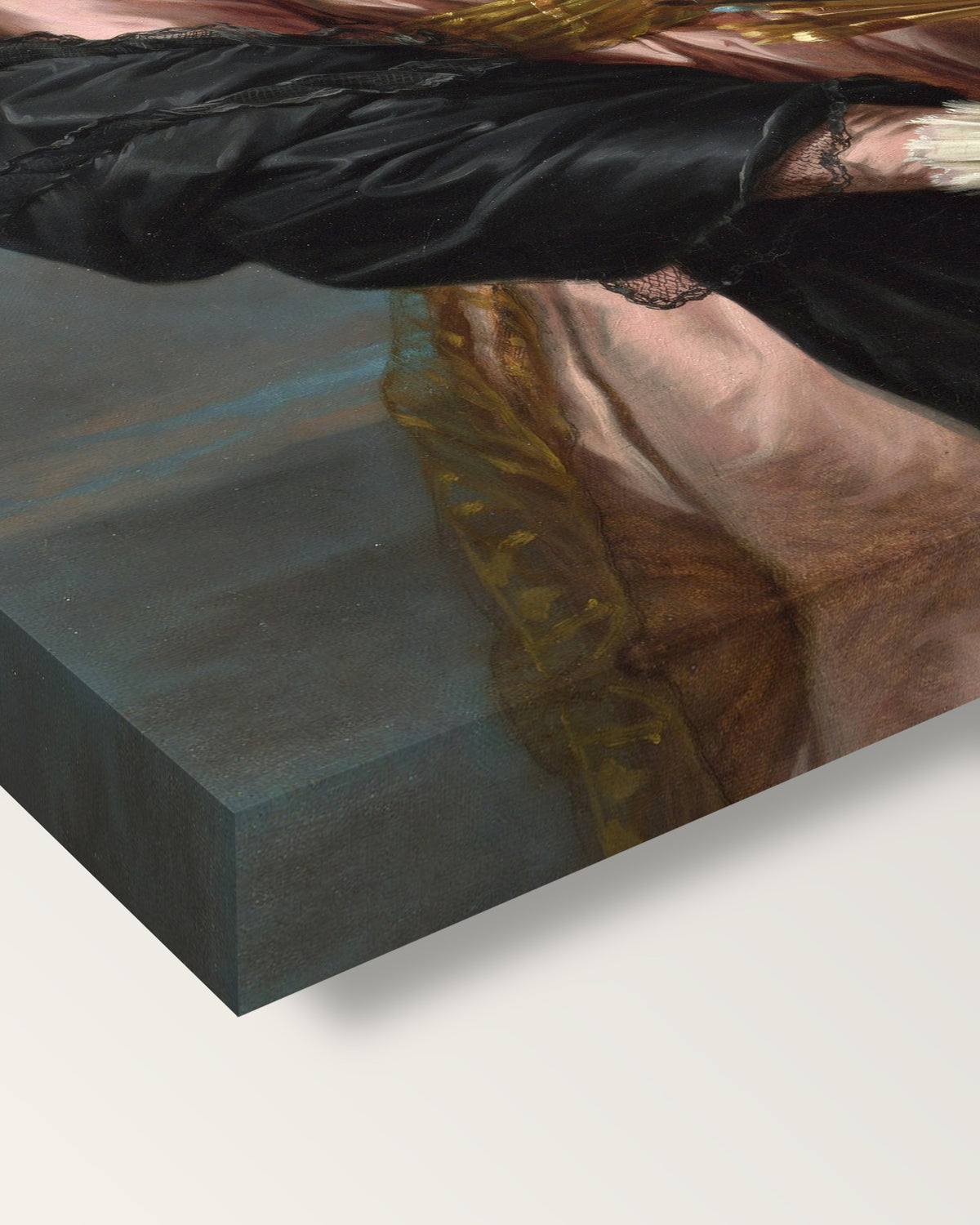 Self-Portrait in a Straw Hat by Brun on stretched canvas, corner close-up: the painting mirror-wrapped round the sides