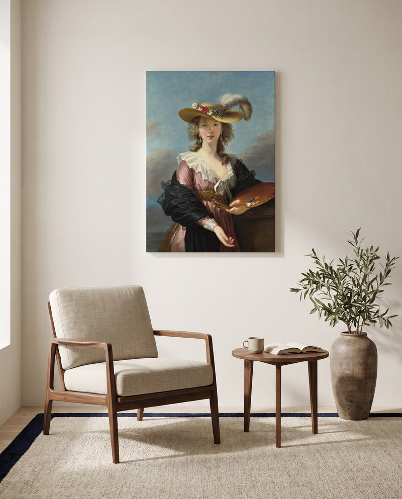 Self-Portrait in a Straw Hat by Élisabeth Vigée Le Brun as a stretched canvas above a linen lounge chair in a reading corner