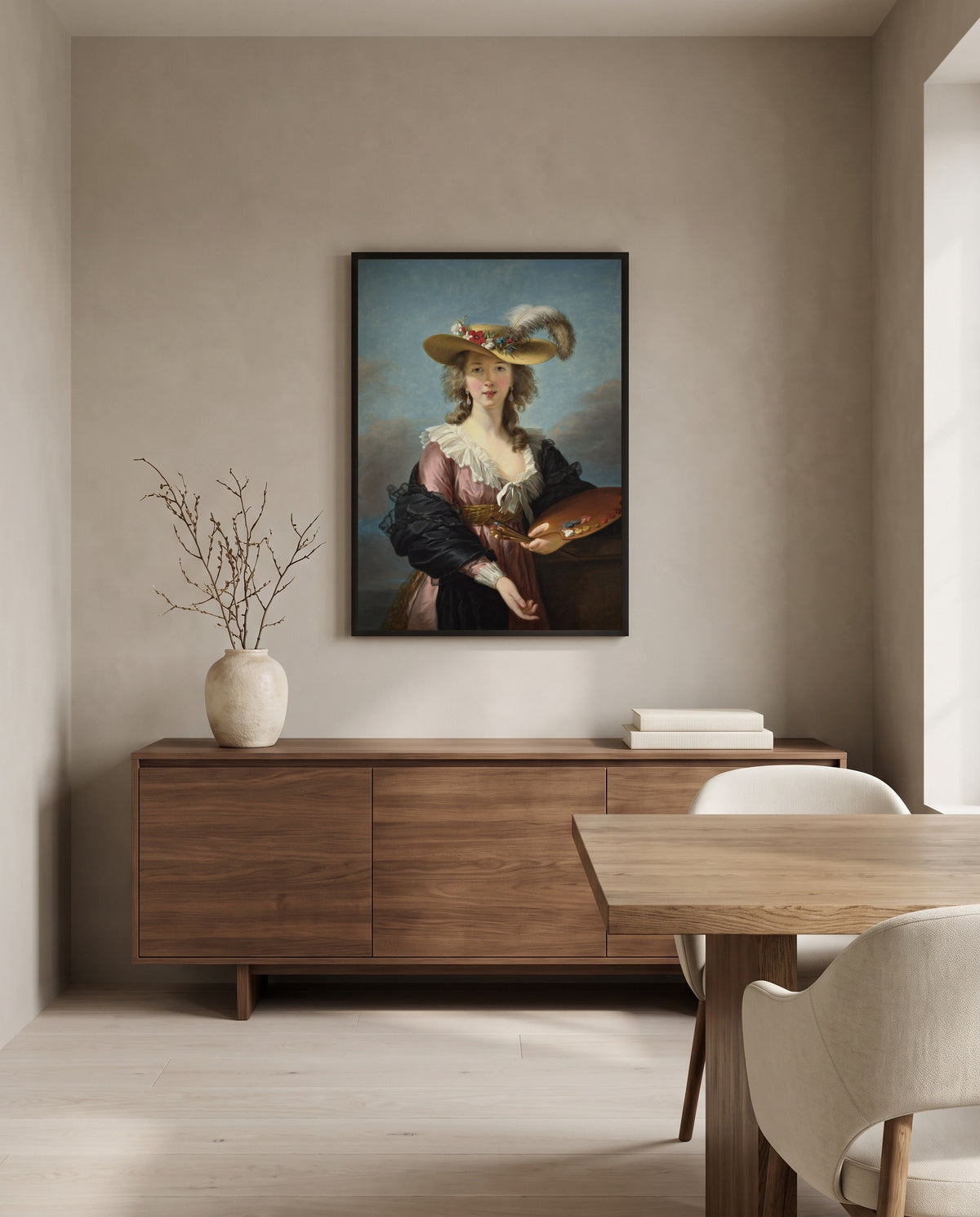 Self-Portrait in a Straw Hat by Élisabeth Vigée Le Brun in a black frame above a walnut sideboard in a dining room