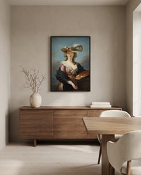 Self-Portrait in a Straw Hat by Élisabeth Vigée Le Brun in a black frame above a walnut sideboard in a dining room