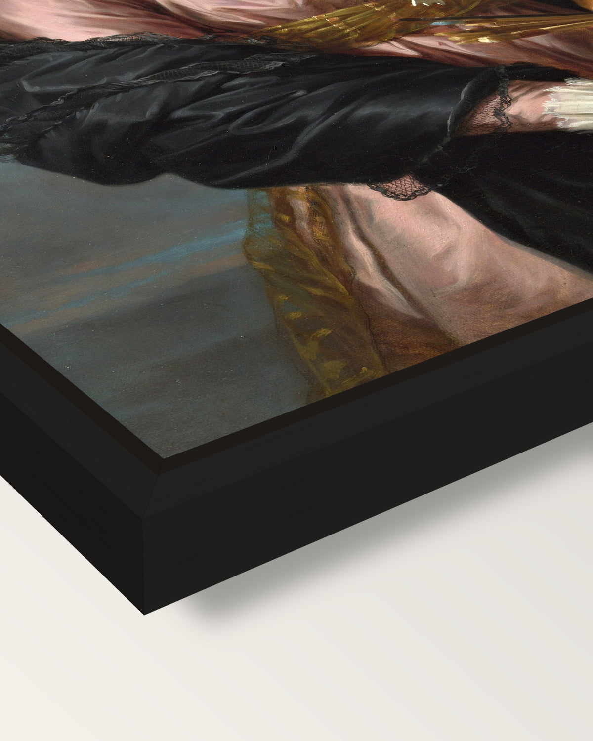 Self-Portrait in a Straw Hat framed canvas, corner close-up: a black floating frame with a shadow gap round the canvas