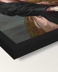 Self-Portrait in a Straw Hat by Brun framed print, corner close-up: black moulding, mitred, the print set just below its edge