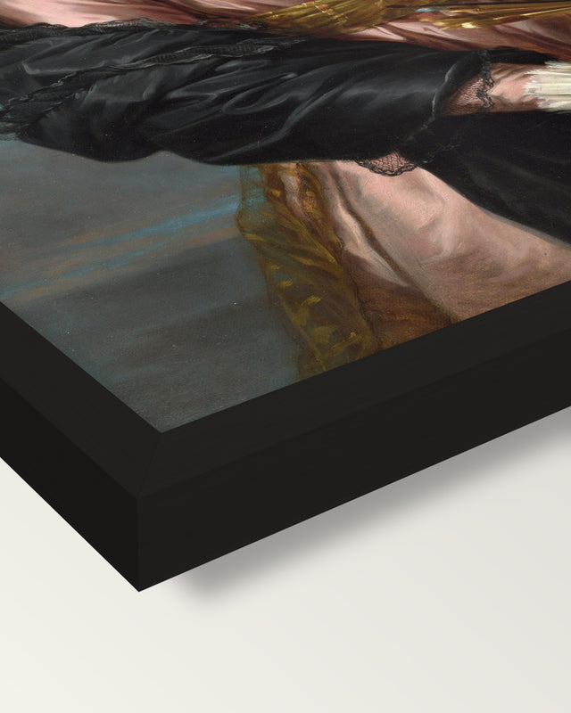 Self-Portrait in a Straw Hat by Brun framed print, corner close-up: black moulding, mitred, the print set just below its edge