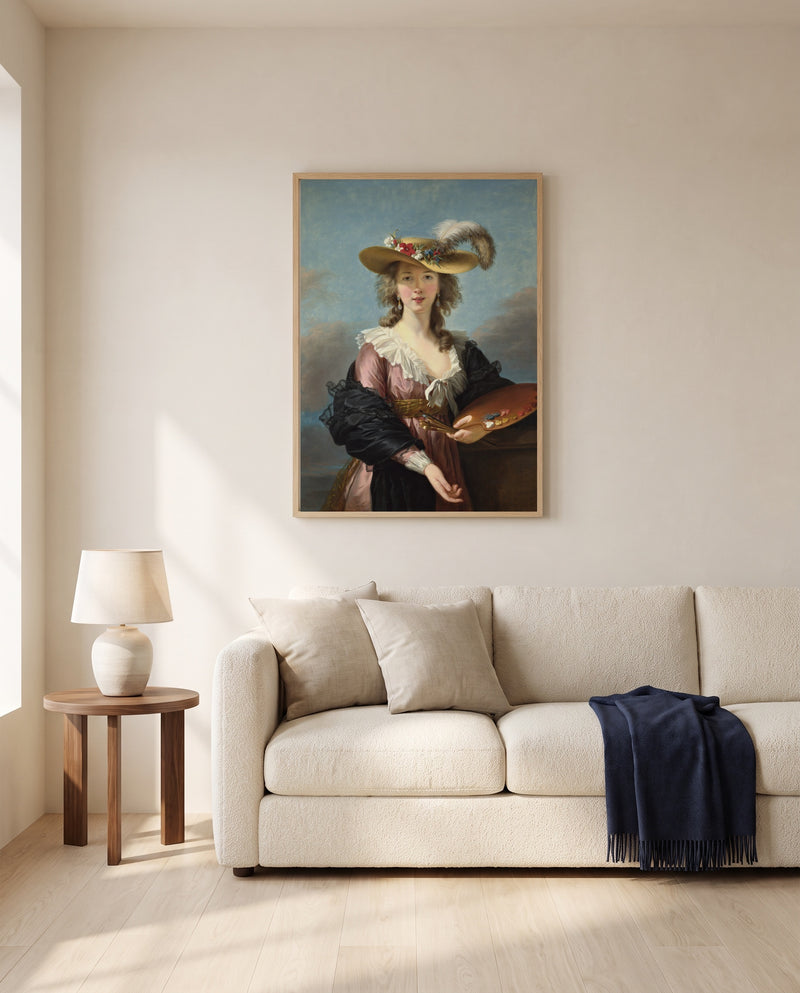 Self-Portrait in a Straw Hat by Élisabeth Vigée Le Brun framed in natural oak above a cream sofa in a warm living room