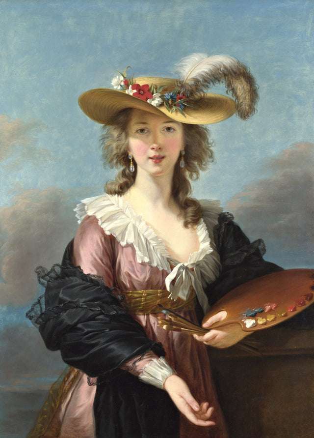 Self-Portrait in a Straw Hat by Vigée Le Brun: a young woman in a feathered straw hat holds a palette under a blue sky
