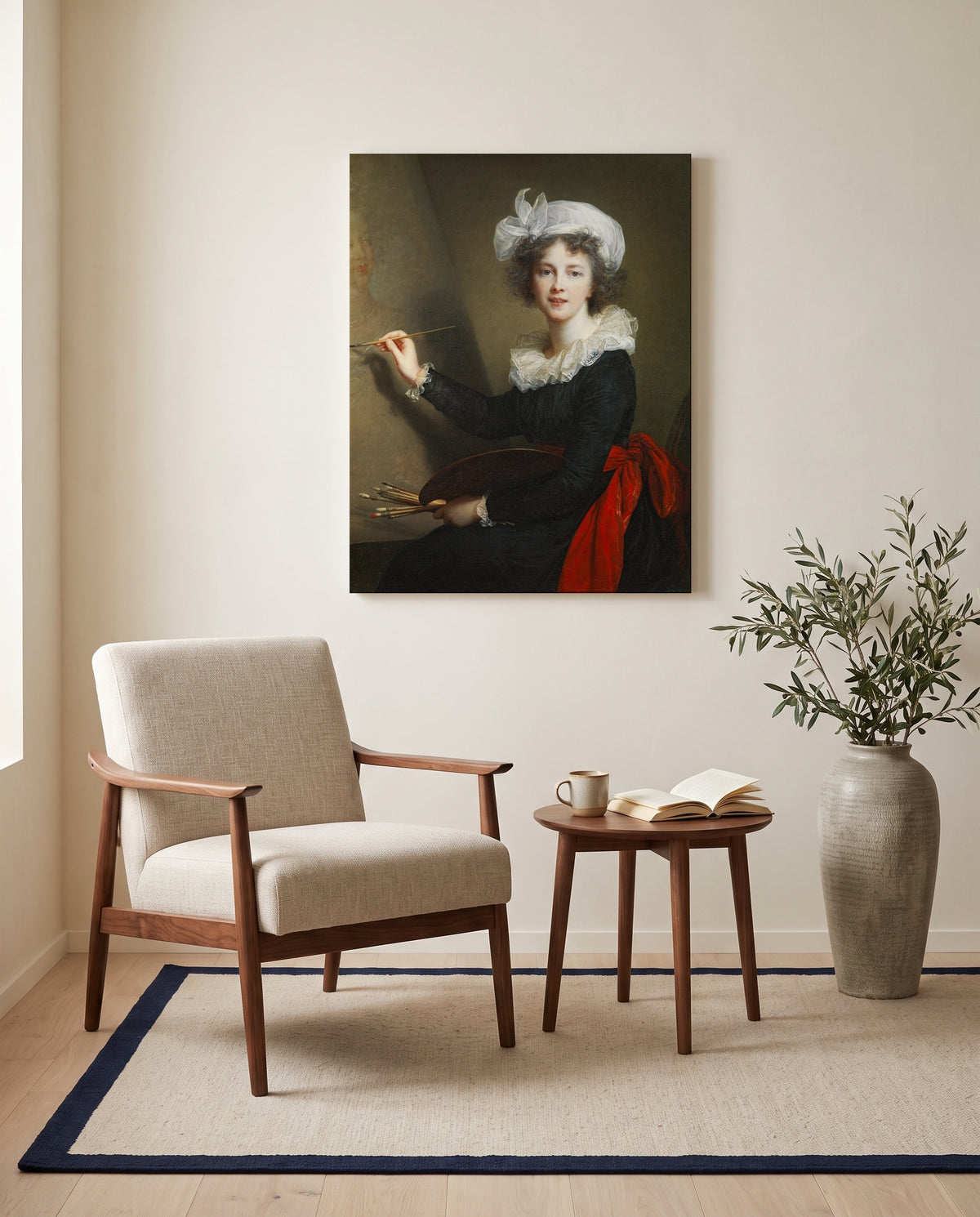 Self-Portrait, Uffizi by Élisabeth Vigée Le Brun as a stretched canvas above a linen lounge chair in a reading corner