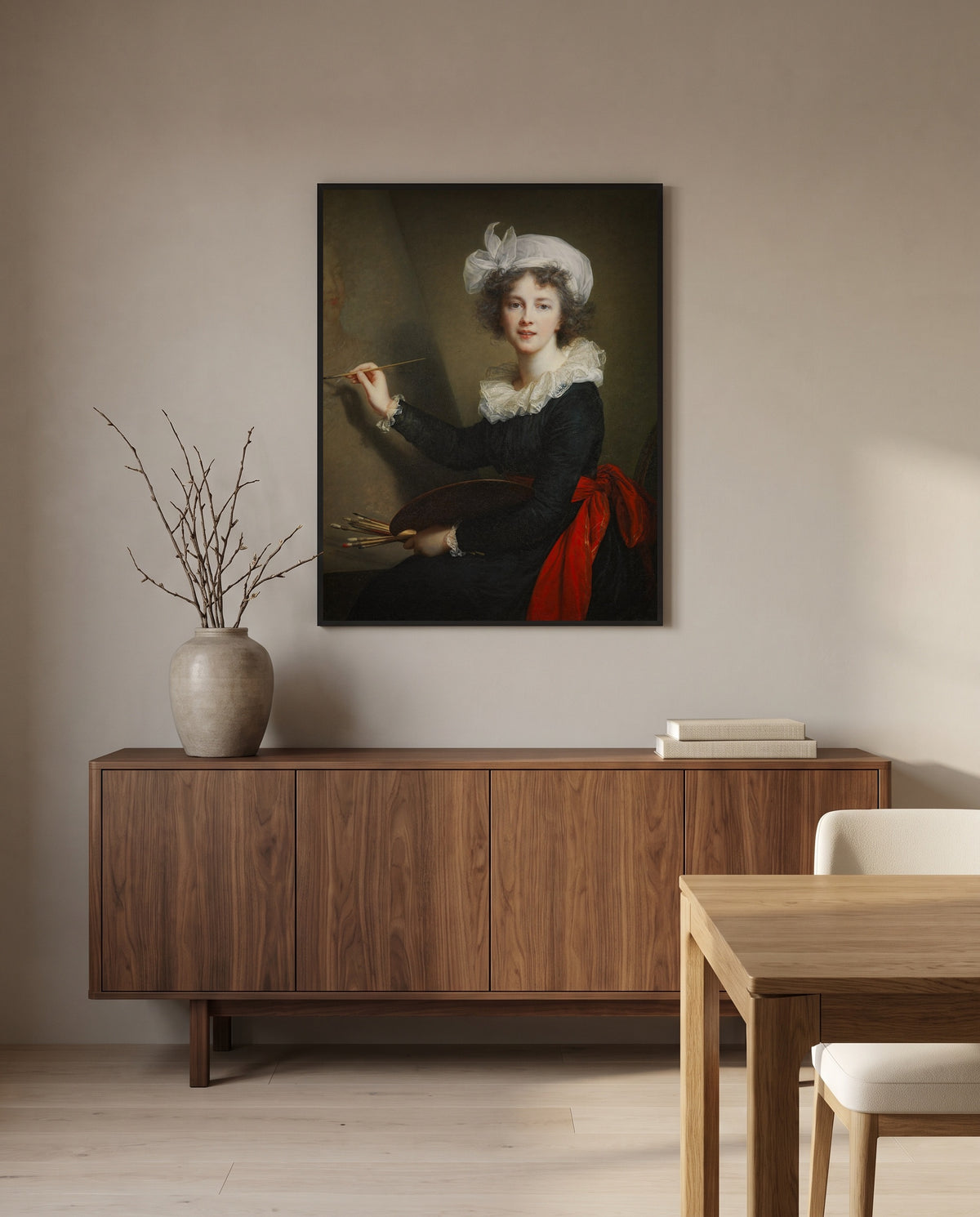 Self-Portrait, Uffizi by Élisabeth Vigée Le Brun in a black frame above a walnut sideboard in a dining room