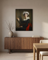 Self-Portrait, Uffizi by Élisabeth Vigée Le Brun in a black frame above a walnut sideboard in a dining room