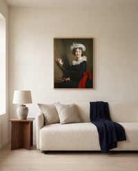 Self-Portrait, Uffizi by Élisabeth Vigée Le Brun framed in natural oak above a cream sofa in a warm living room