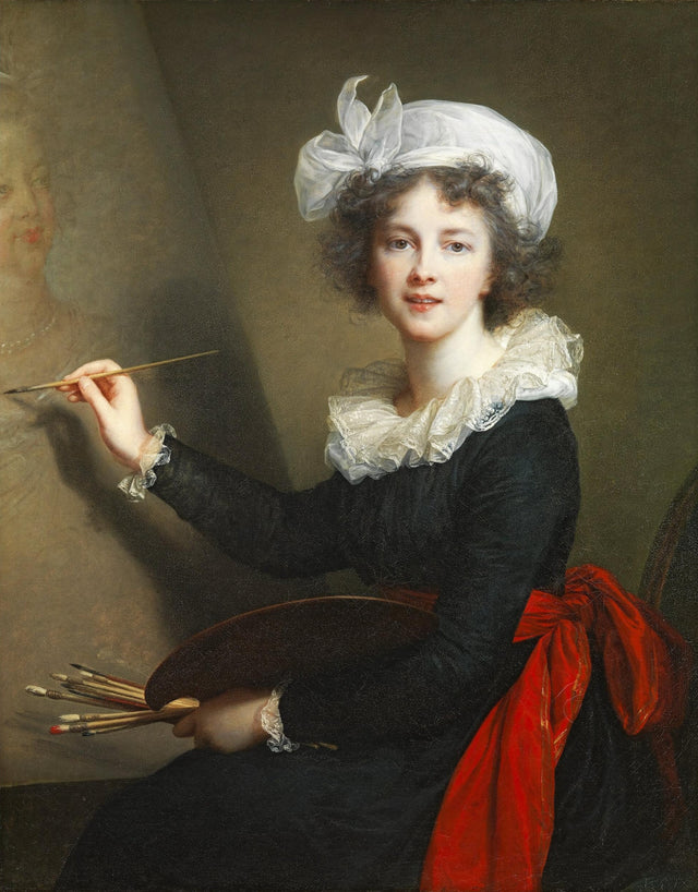 Self-portrait by Vigée Le Brun: the painter in black with a white ruff, cap and red sash, brush and palette in hand