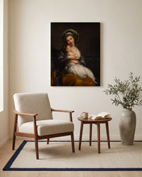 Self-Portrait with Julie 1786 by Élisabeth Vigée Le Brun as a stretched canvas above a linen lounge chair in a reading corner