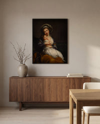 Self-Portrait with Julie 1786 by Élisabeth Vigée Le Brun in a black frame above a walnut sideboard in a dining room