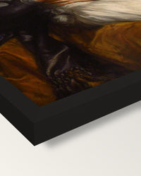 Self-Portrait with Julie 1786 framed print, corner close-up: black moulding, mitred, the print set just below its edge