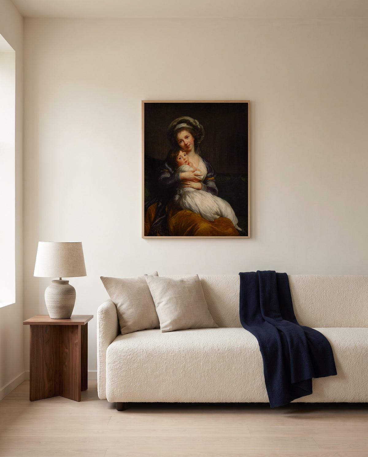 Self-Portrait with Julie 1786 by Élisabeth Vigée Le Brun framed in natural oak above a cream sofa in a warm living room