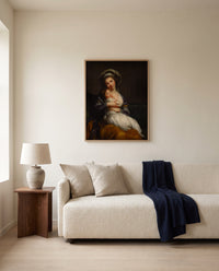 Self-Portrait with Julie 1786 by Élisabeth Vigée Le Brun framed in natural oak above a cream sofa in a warm living room