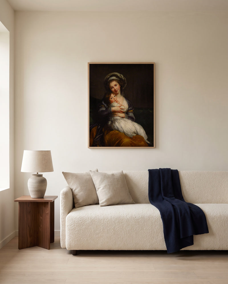 Self-Portrait with Julie 1786 by Élisabeth Vigée Le Brun framed in natural oak above a cream sofa in a warm living room