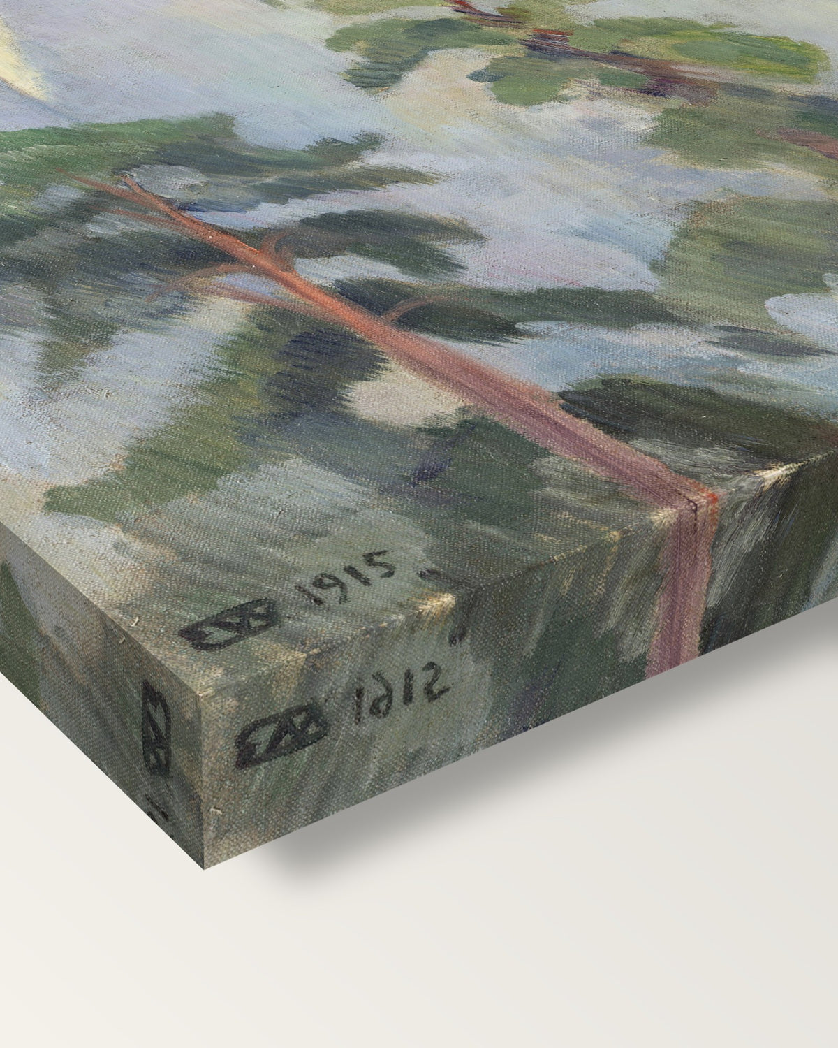 Mirroring by Erik Werenskiold on stretched canvas, corner close-up: the painting mirror-wrapped round the sides