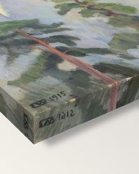 Mirroring by Erik Werenskiold on stretched canvas, corner close-up: the painting mirror-wrapped round the sides