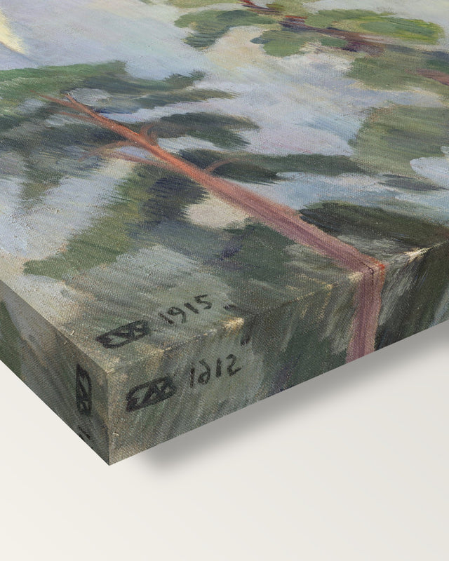 Mirroring by Erik Werenskiold on stretched canvas, corner close-up: the painting mirror-wrapped round the sides