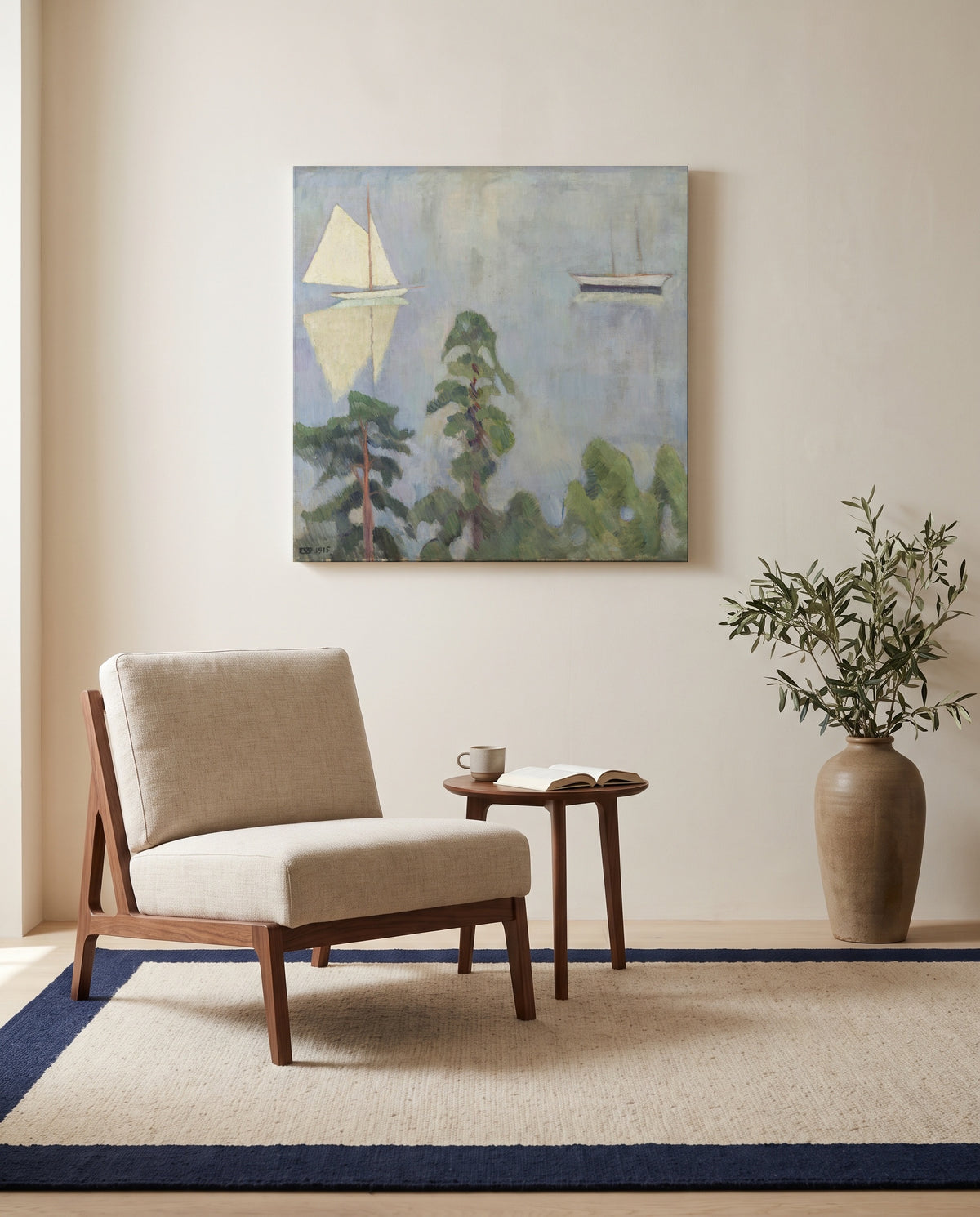 Mirroring by Erik Werenskiold as a stretched canvas above a linen lounge chair in a reading corner