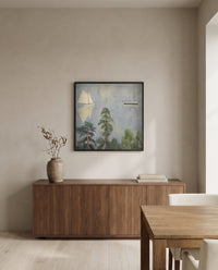 Mirroring by Erik Werenskiold in a black frame above a walnut sideboard in a dining room